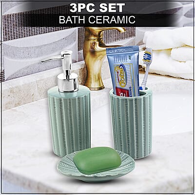 Closeout Green Stripe 3pc Bath Ceramic Solution Set (Toothbrush Holder, Liquid Pump Dispenser & Soap Dish)