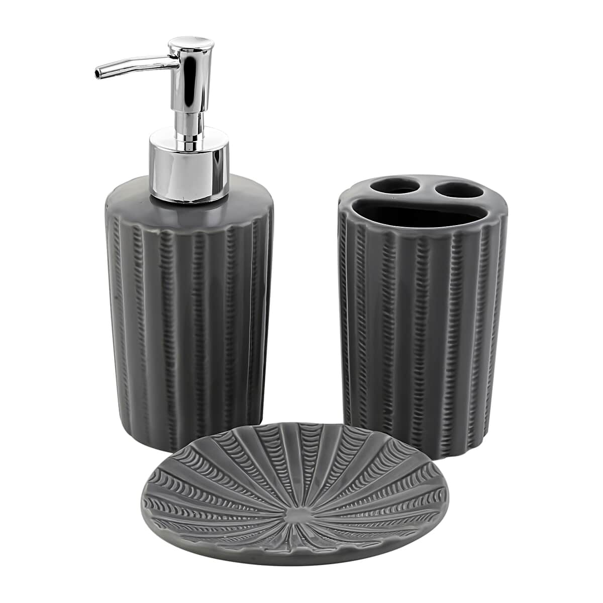 Gray Stripe 3pc Bath Ceramic Solution Set (Toothbrush Holder, Liquid Pump Dispenser & Soap Dish) image number 0