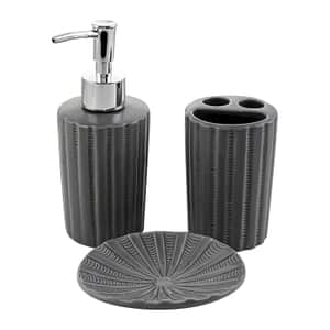 Gray Stripe 3pc Bath Ceramic Solution Set (Toothbrush Holder, Liquid Pump Dispenser & Soap Dish)