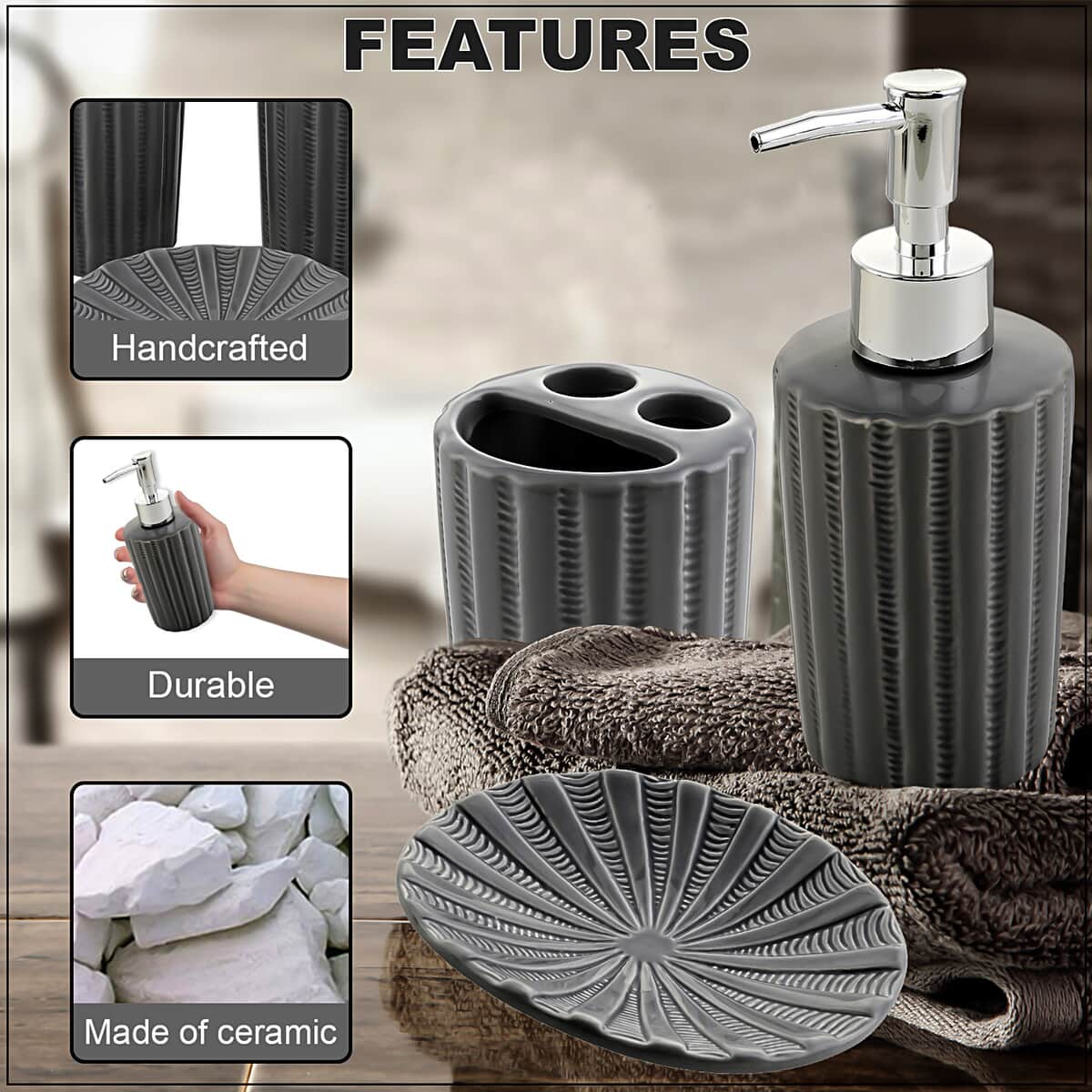 Gray Stripe 3pc Bath Ceramic Solution Set (Toothbrush Holder, Liquid Pump Dispenser & Soap Dish) image number 2