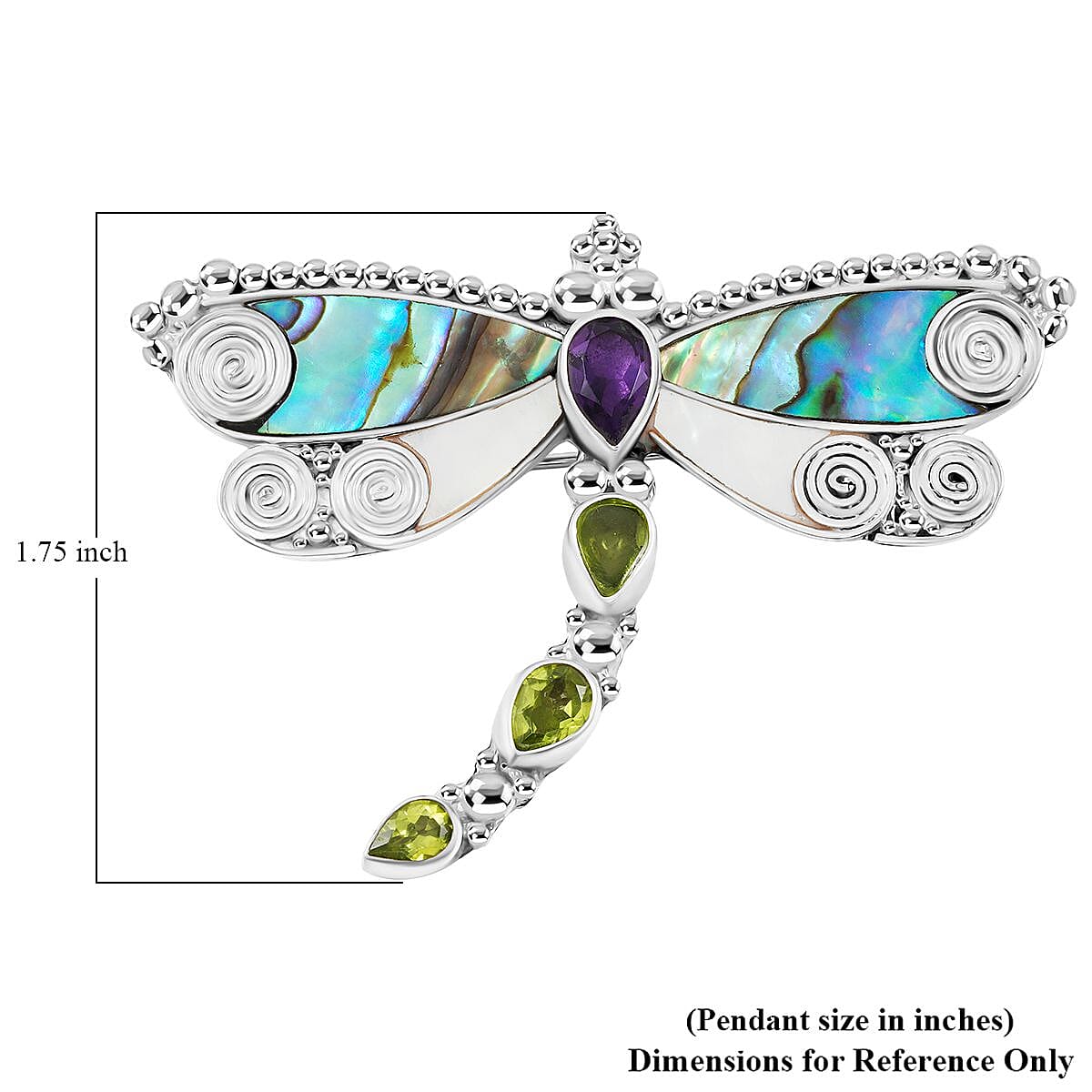 Sajen Silver Abalone Shell and Multi Gemstone Dragonfly Pendant in Sterling Silver 12.50 Grams 3.00 ctw