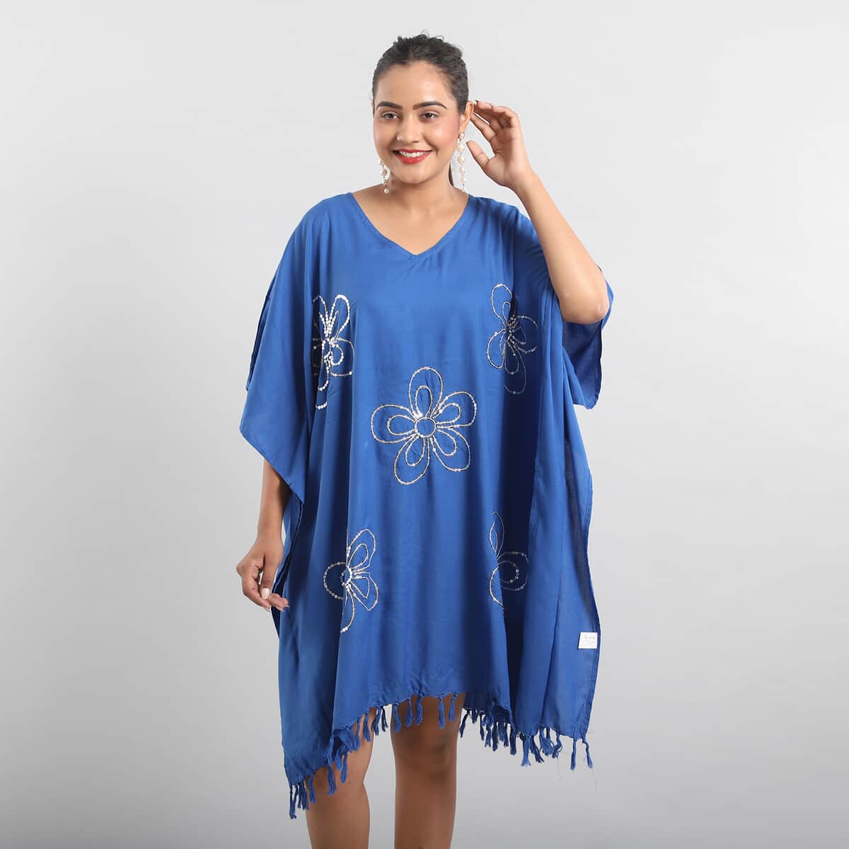 JOVIE Blue Sequin and Fringe Embellishments V-Neck Kaftan Top - One Size Fits Most (35"x45") image number 0