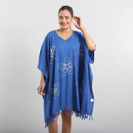 JOVIE Blue Sequin and Fringe Embellishments V-Neck Kaftan Top - One Size Fits Most image number 0