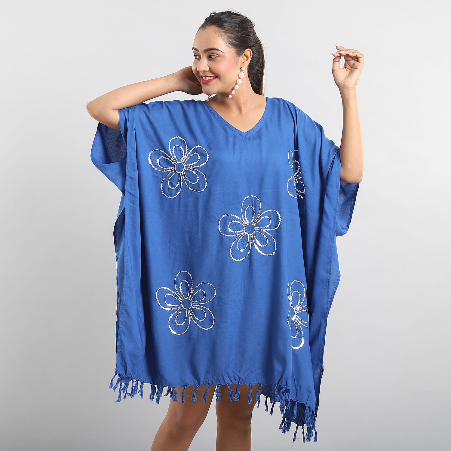 JOVIE Blue Sequin and Fringe Embellishments V-Neck Kaftan Top - One Size Fits Most