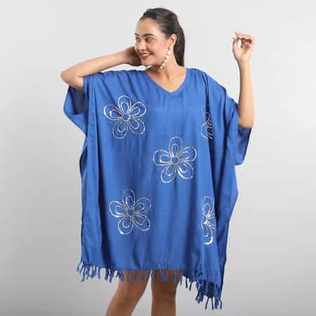 JOVIE Blue Sequin and Fringe Embellishments V-Neck Kaftan Top - One Size Fits Most image number 1