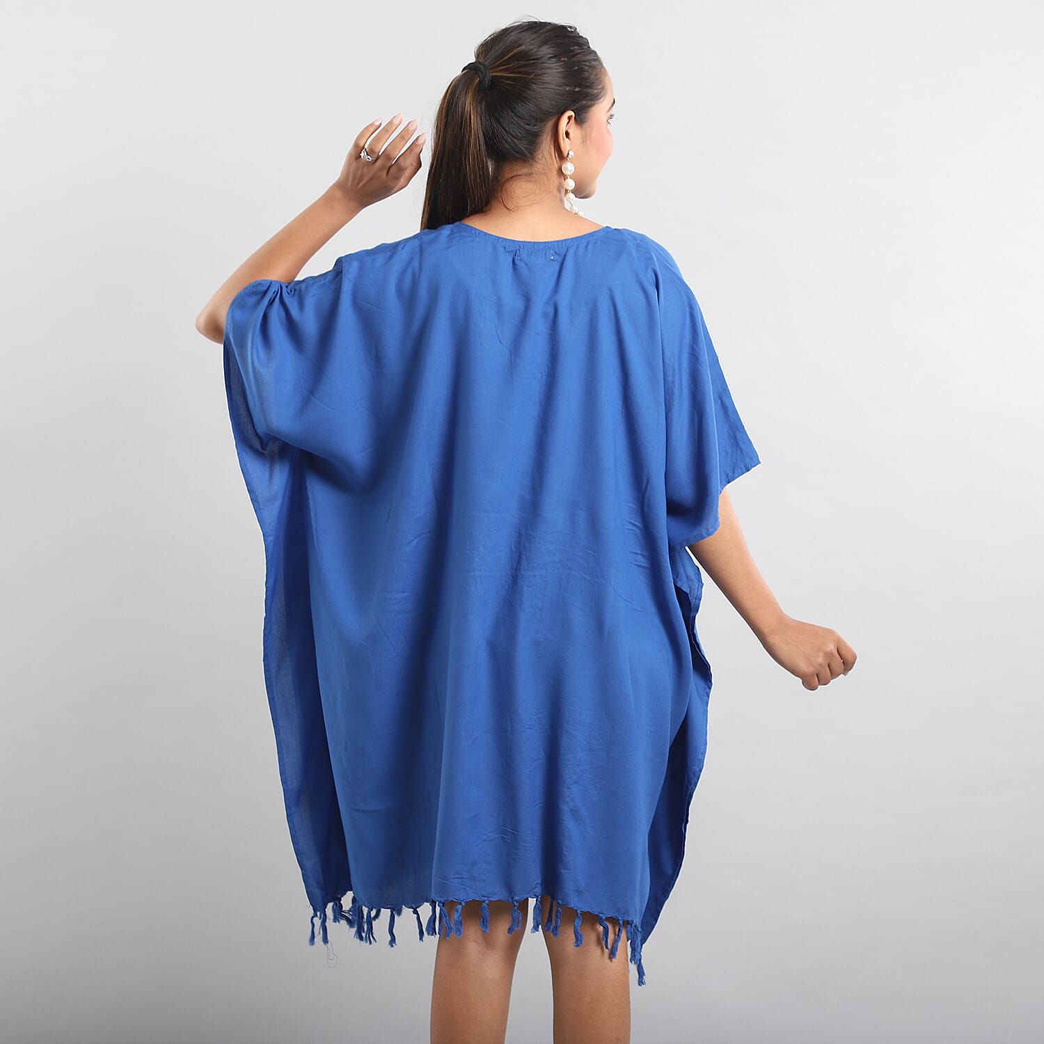 JOVIE Blue Sequin and Fringe Embellishments V-Neck Kaftan Top - One Size Fits Most