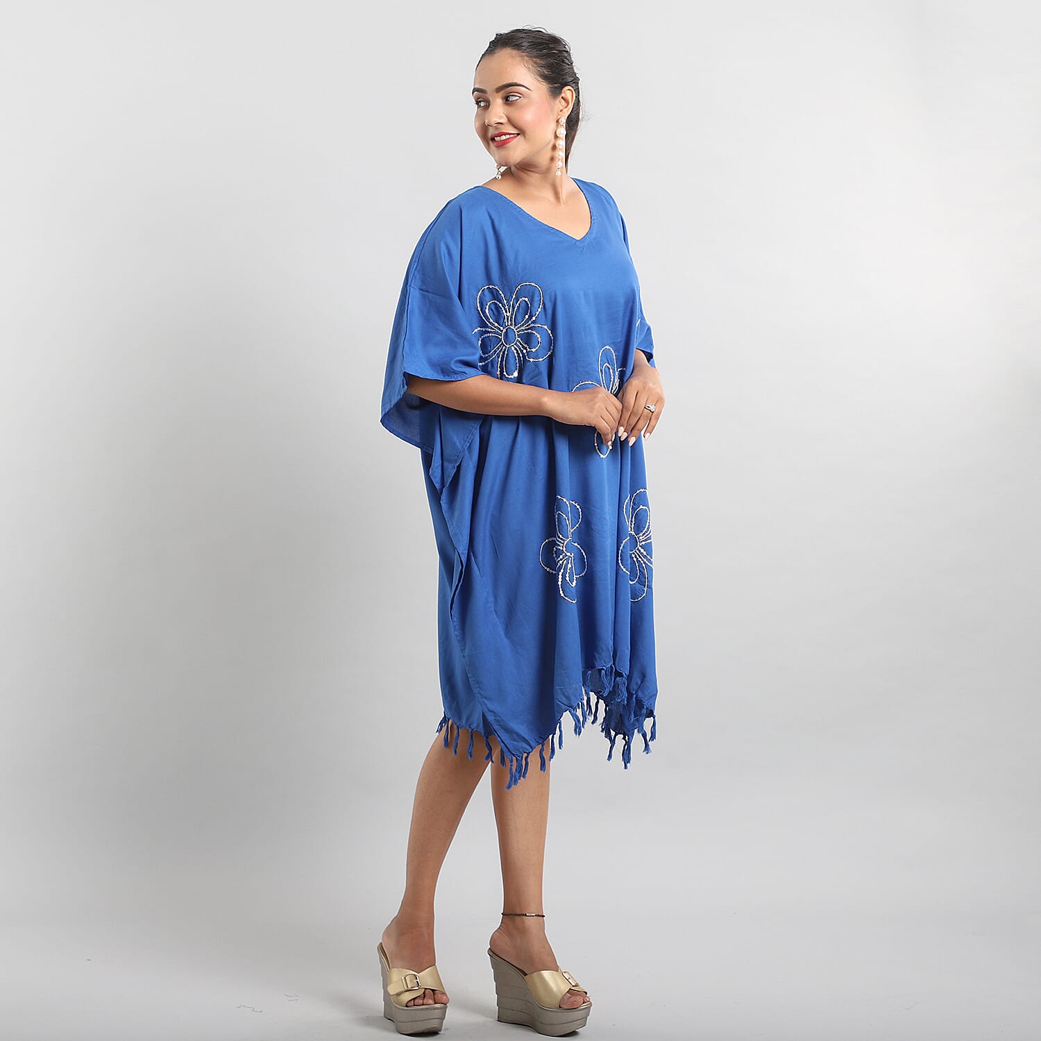 JOVIE Blue Sequin and Fringe Embellishments V-Neck Kaftan Top - One Size Fits Most