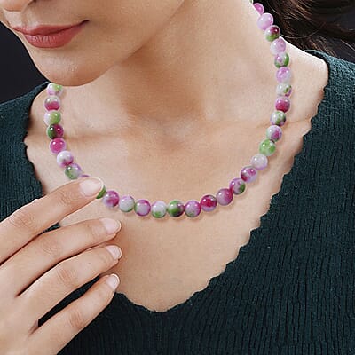 Watermelon Agate 10mm Beaded Necklace 18 Inches in Sterling Silver 250.00 ctw
