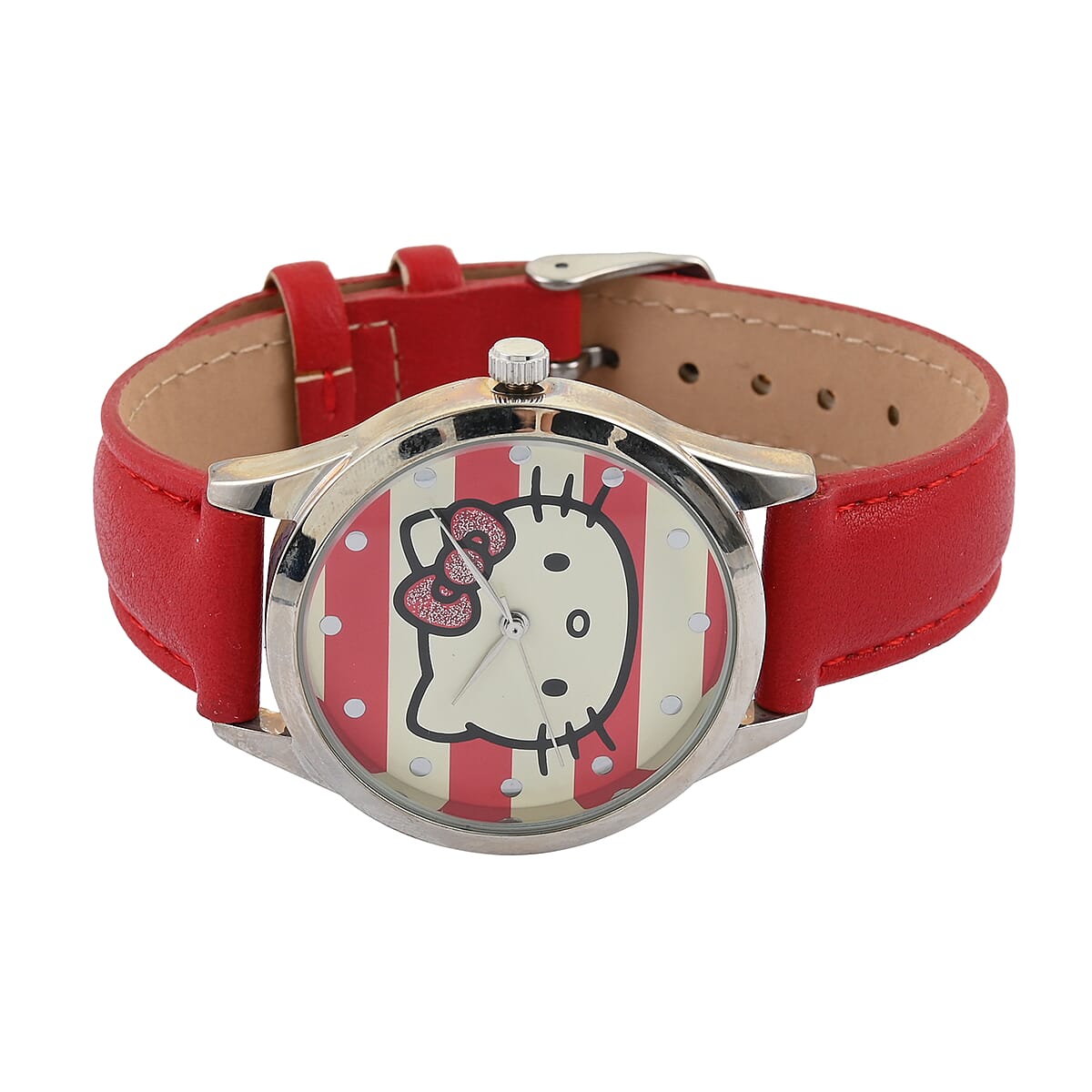 HELLO KITTY Japanese Movement Red Vegan Leather Strap Watch with Stripped Dial (38mm) image number 2
