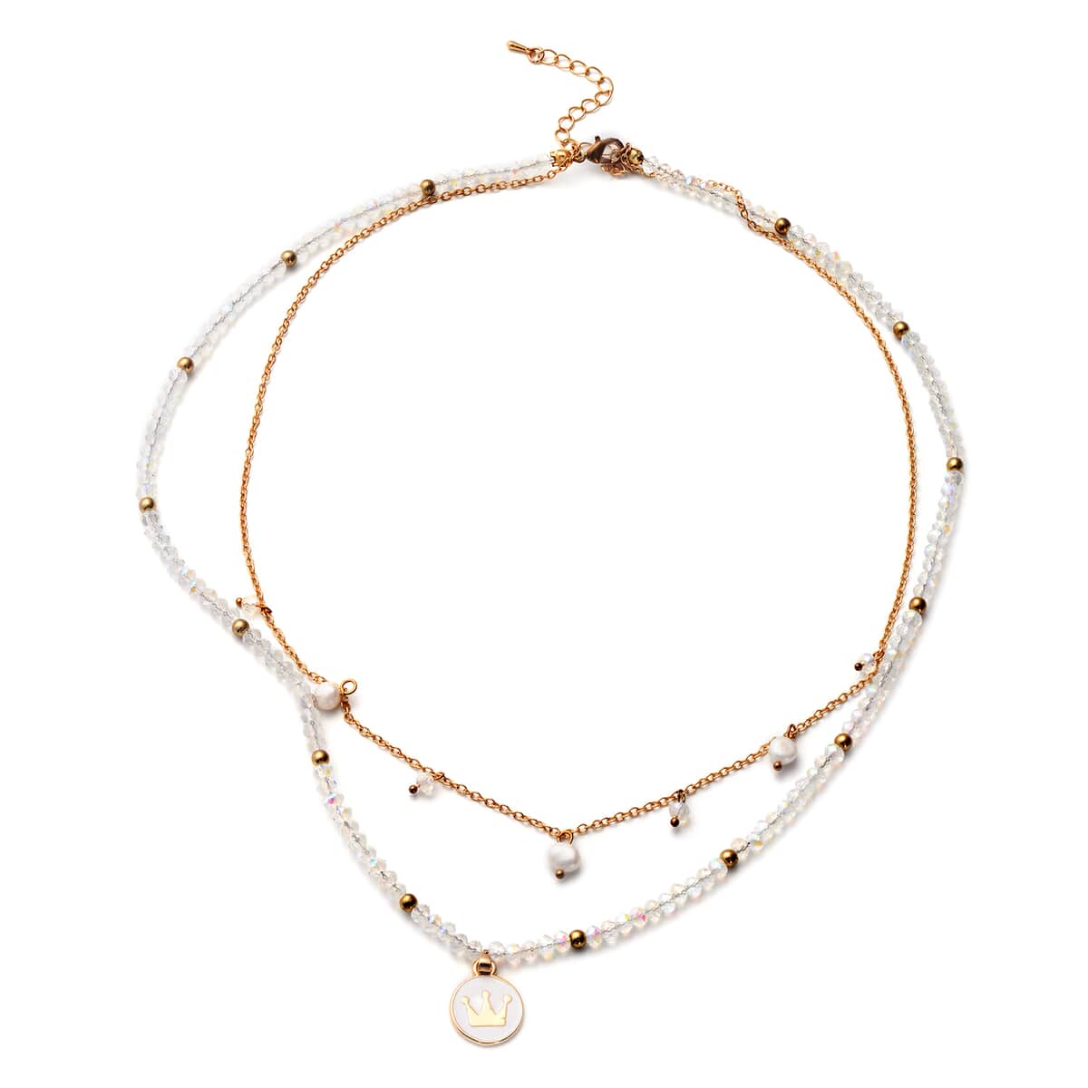 White Freshwater Pearl, White Mystic Color Glass and Resin 2 Row Layered Necklace with Coin Charm 20.5 Inches in Goldtone image number 0