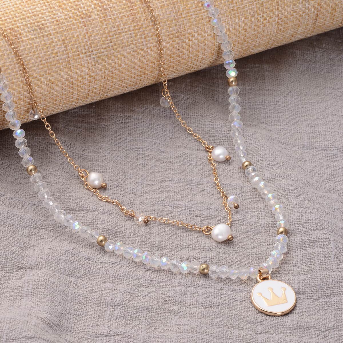 White Freshwater Pearl, White Mystic Color Glass and Resin 2 Row Layered Necklace with Coin Charm 20.5 Inches in Goldtone image number 1