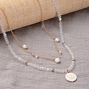 White Freshwater Pearl, White Mystic Color Glass and Resin 2 Row Layered Necklace with Coin Charm 20.5 Inches in Goldtone