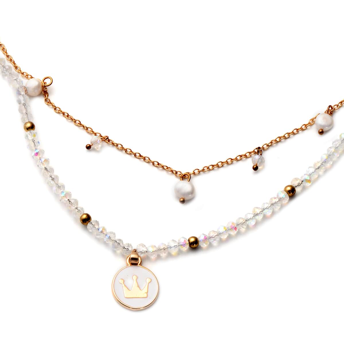 White Freshwater Pearl, White Mystic Color Glass and Resin 2 Row Layered Necklace with Coin Charm 20.5 Inches in Goldtone image number 2