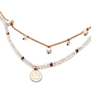 White Freshwater Pearl, White Mystic Color Glass and Resin 2 Row Layered Necklace with Coin Charm 20.5 Inches in Goldtone