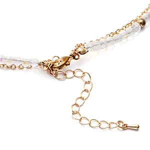 White Freshwater Pearl, White Mystic Color Glass and Resin 2 Row Layered Necklace with Coin Charm 20.5 Inches in Goldtone