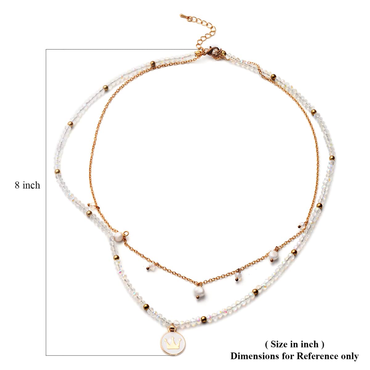 White Freshwater Pearl, White Mystic Color Glass and Resin 2 Row Layered Necklace with Coin Charm 20.5 Inches in Goldtone image number 4
