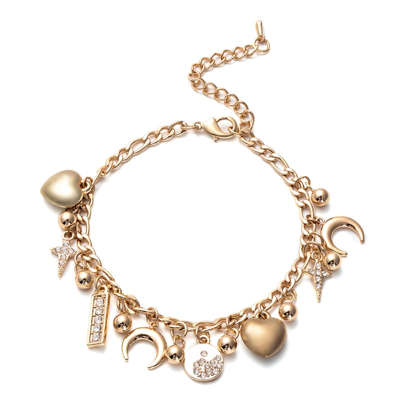 Austrian Crystal Adjustable Bracelet with Multi Charms in Goldtone (7.25-9.25In)