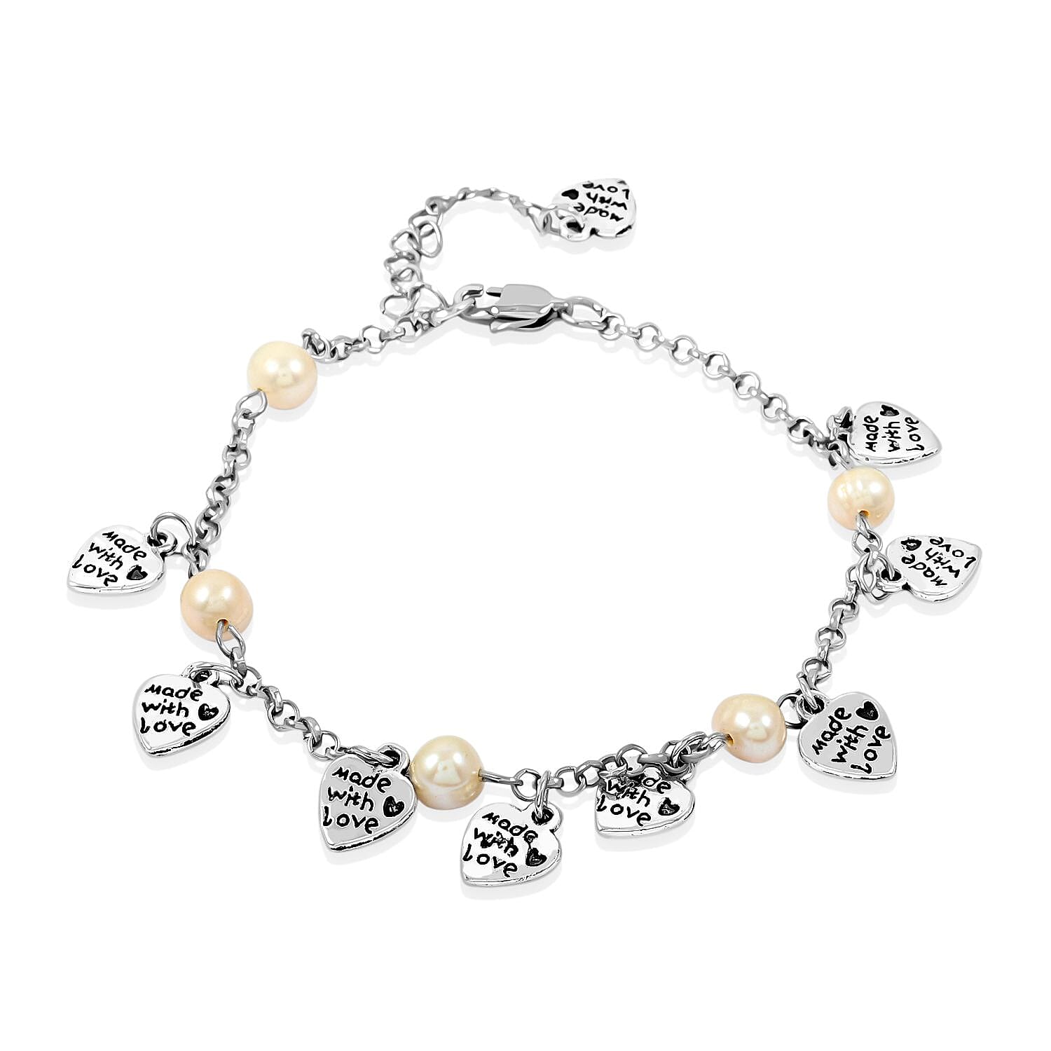 White Freshwater Cultured Pearl Heart Charm Anklet in Stainless Steel 9-11 Inches