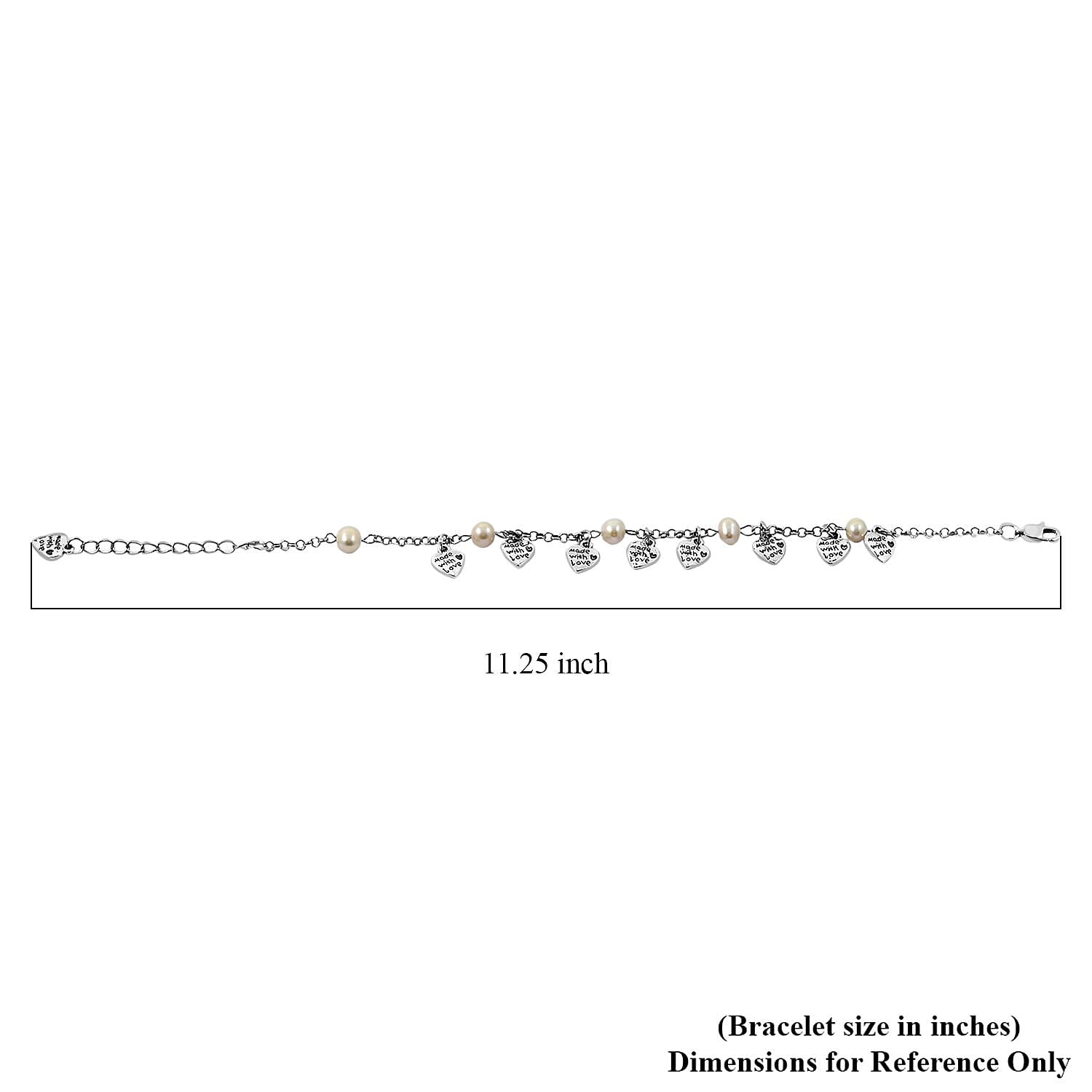 White Freshwater Cultured Pearl Heart Charm Anklet in Stainless Steel 9-11 Inches
