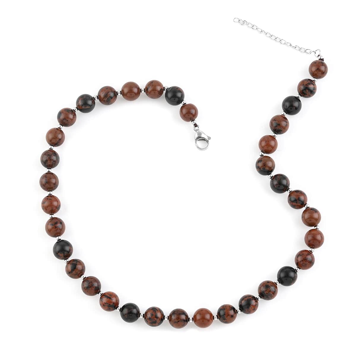 Brown Obsidian 10mm Beaded Necklace 18-20 Inches in Stainless Steel 240.00 ctw image number 1