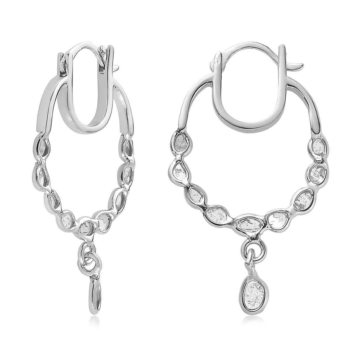 Polki Diamond Inside Out Hoop Earrings in Platinum Over Sterling Silver 1.00 ctw image number 3