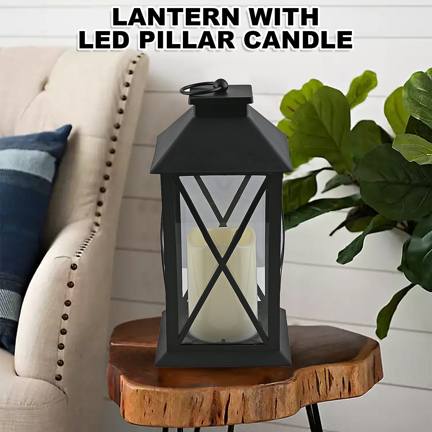 Black Decorative Lantern with LED Pillar Candle (3xAAA Batteries Not Included)