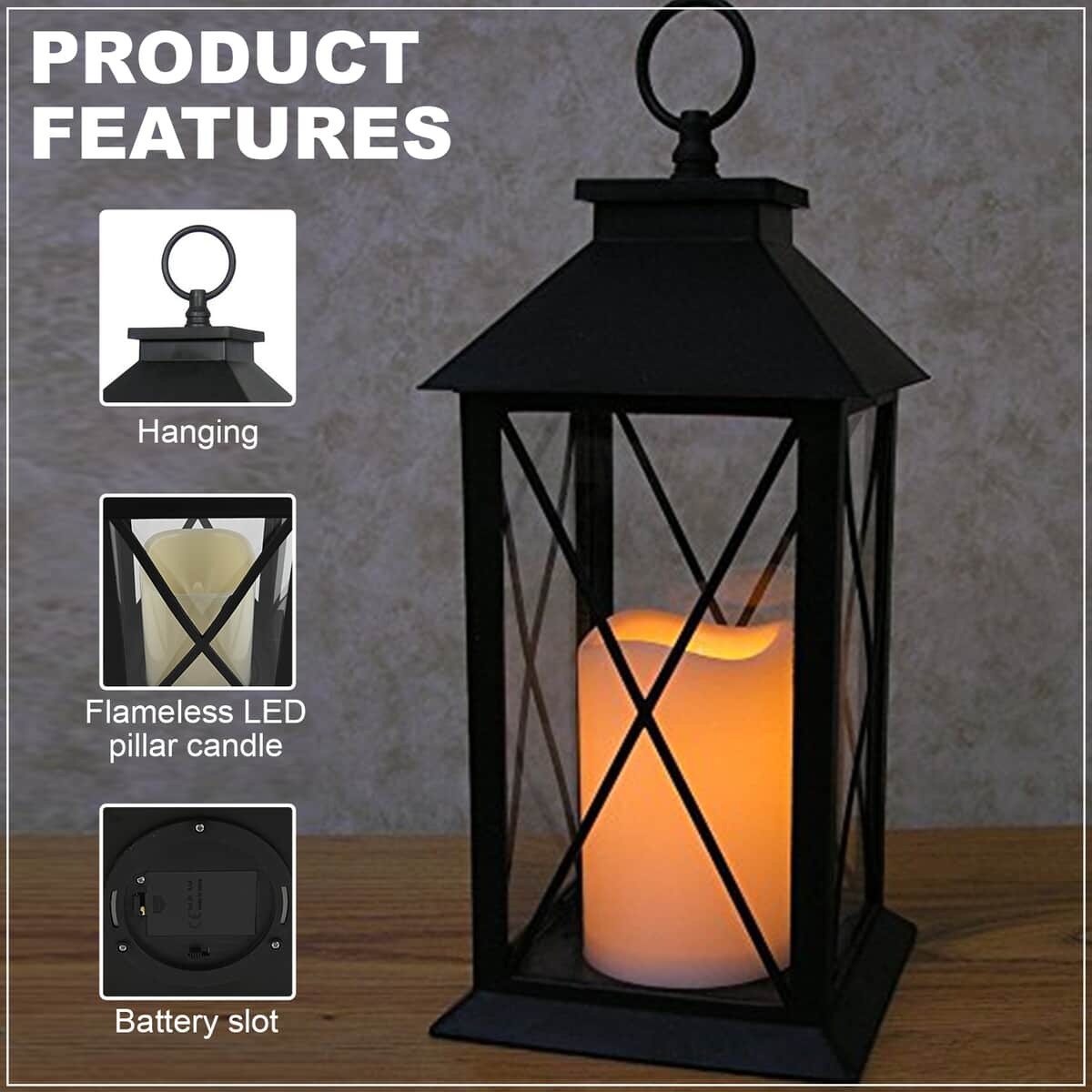 Black Decorative Lantern with LED Pillar Candle (3xAAA Batteries Not Included) image number 2