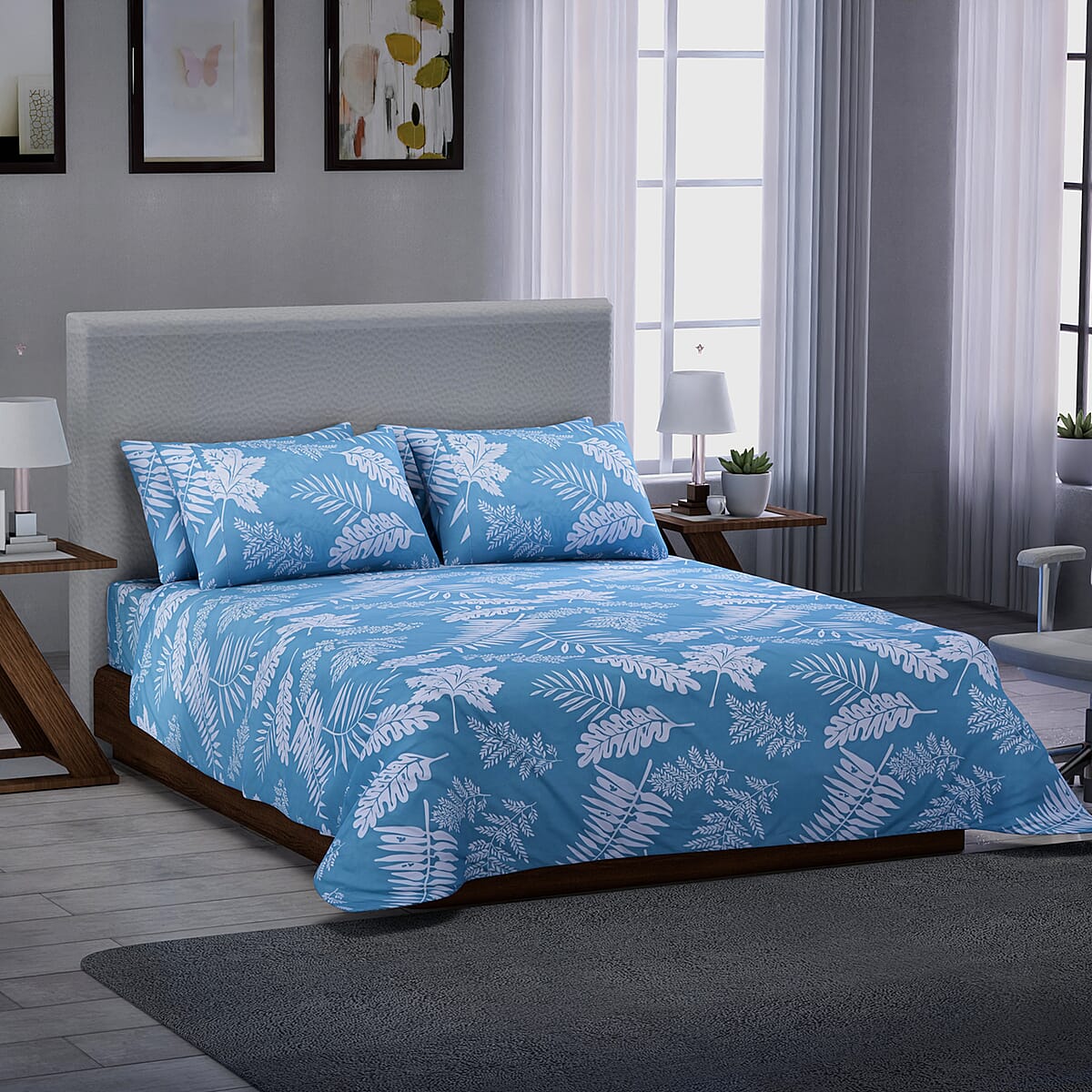 HOMESMART Tropical Leaves Print Pattern 6 Pcs Microfiber Sheet Set (with 14 Deep Pocket) - King , Bed Sheets , Fitted Sheet , Bed Sheet Set , Microfiber Sheets image number 0