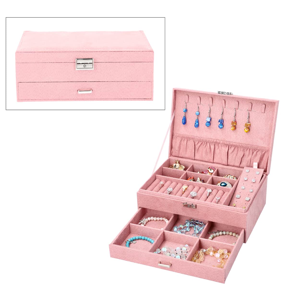 Pink Velvet 2 Layer Jewelry Box with Lock and Key image number 0