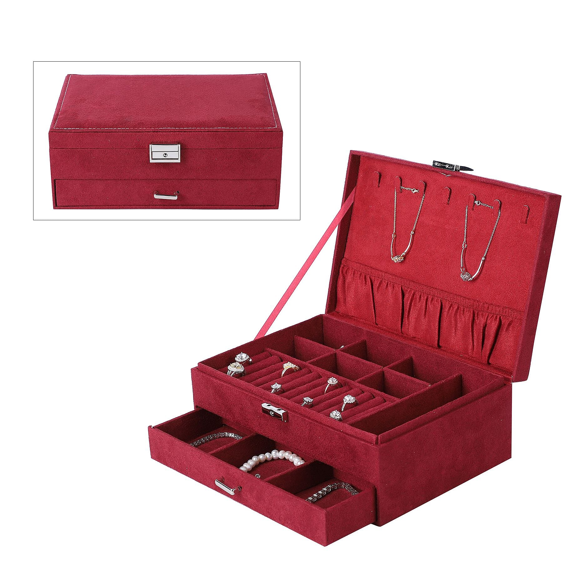 Maroon Velvet 2 Layer Anti Tarnish Jewelry Box with Lock and Key