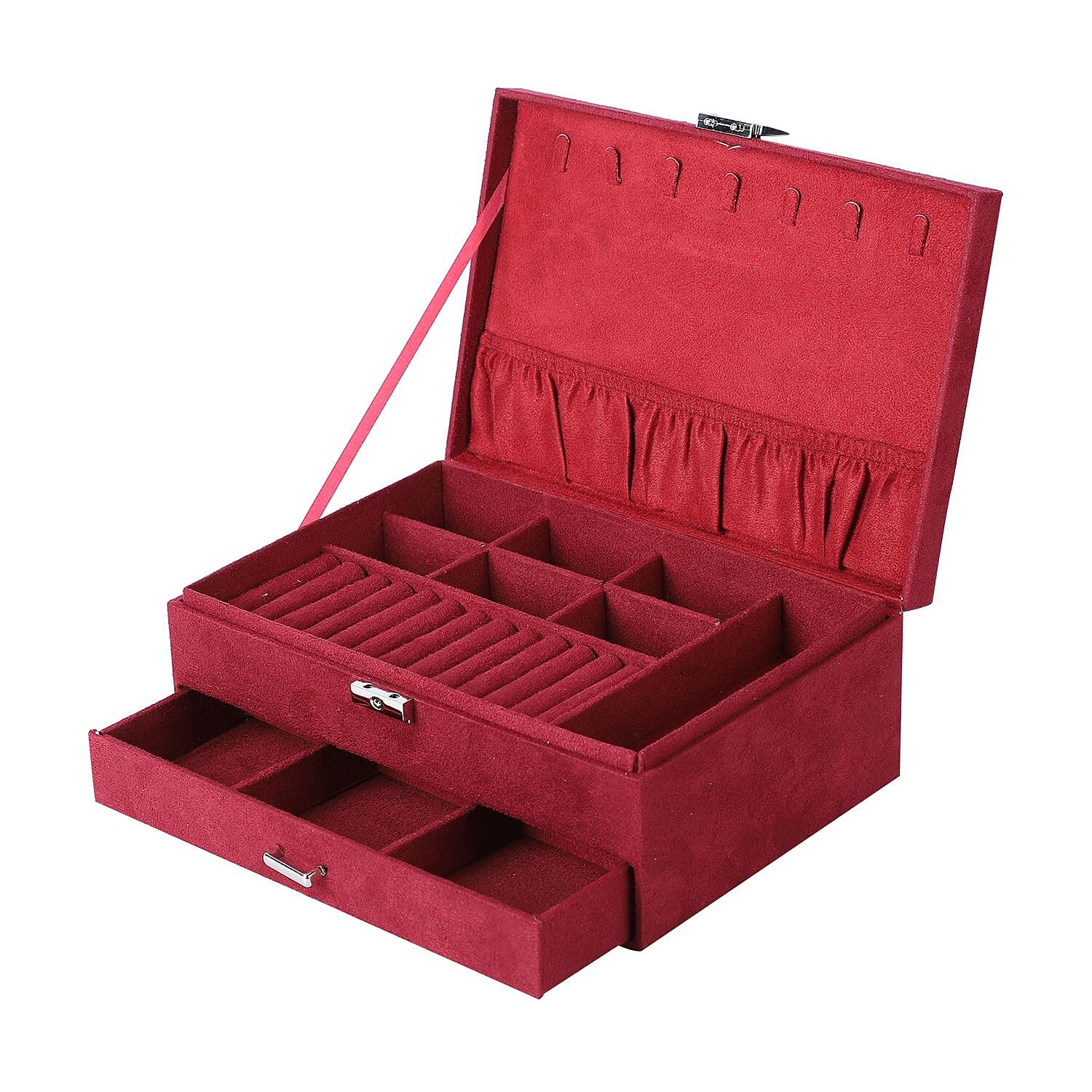 Maroon Velvet 2 Layer Anti Tarnish Jewelry Box with Lock and Key