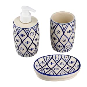 Set of 3 Ceramic Bathroom Accessory Liquid Soap Dispenser, Soap Tray & Tumbler - Blue and White