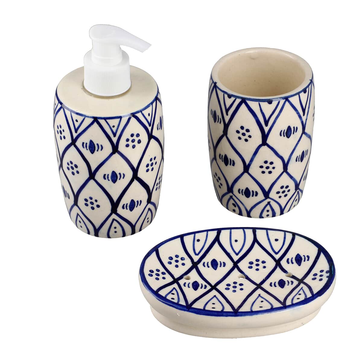 Set of 3 Ceramic Bathroom Accessory Liquid Soap Dispenser, Soap Tray & Tumbler - Blue and White (8x8x6) image number 0