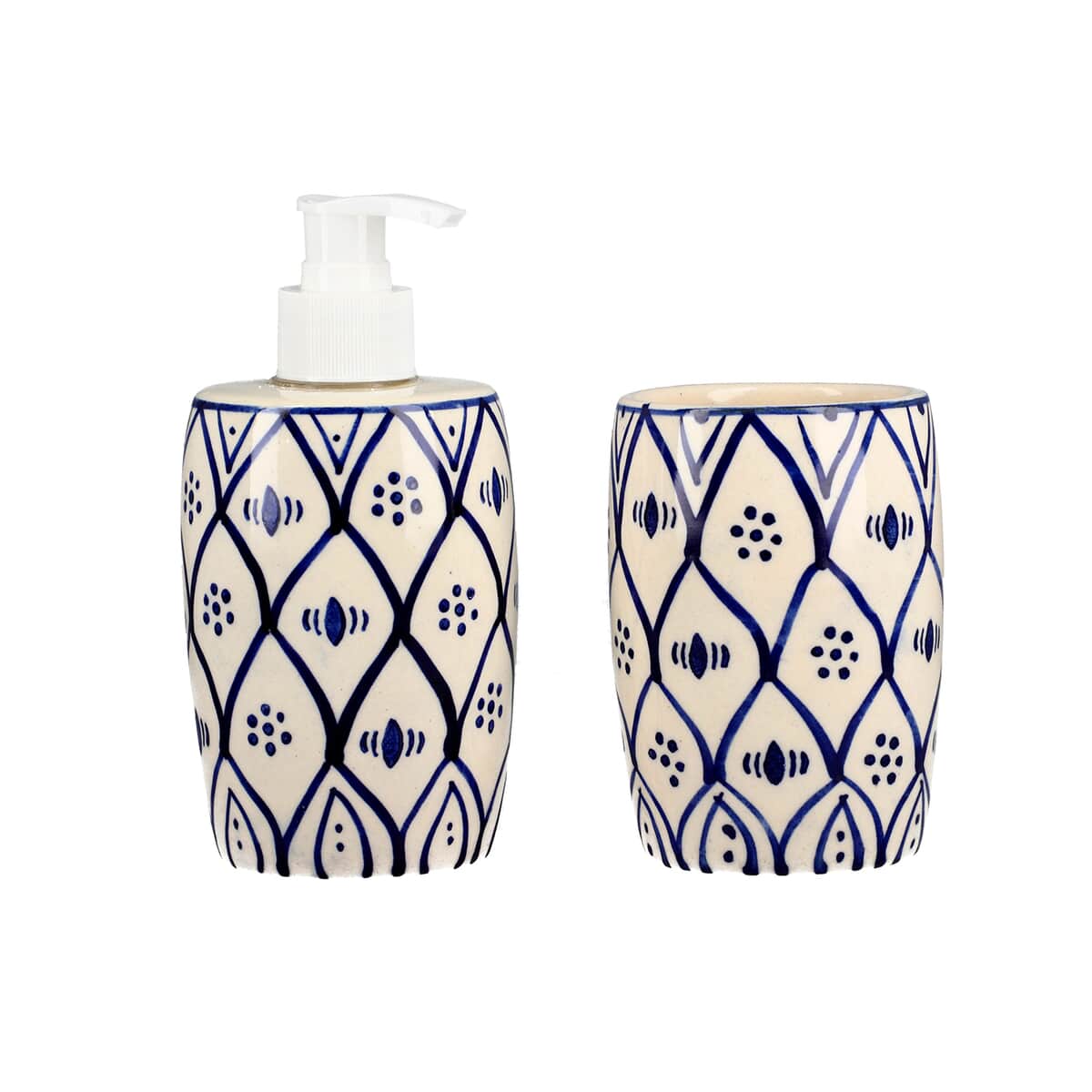 Set of 3 Ceramic Bathroom Accessory Liquid Soap Dispenser, Soap Tray & Tumbler - Blue and White image number 6