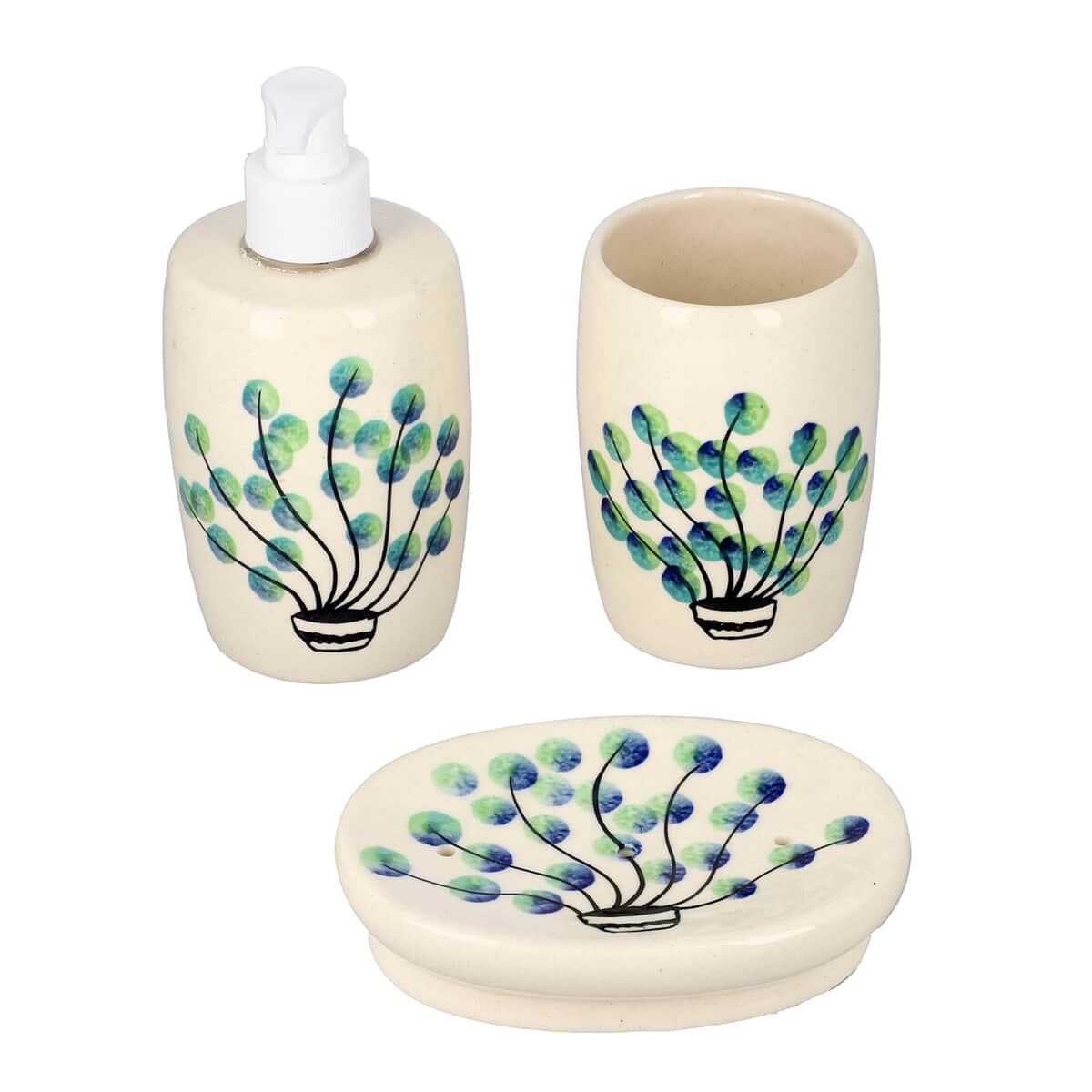 Set of 3 Ceramic Bathroom Accessory Liquid Soap Dispenser, Soap Tray & Tumbler - Green and White image number 0