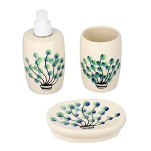 Set of 3 Ceramic Bathroom Accessory Liquid Soap Dispenser, Soap Tray & Tumbler - Green and White