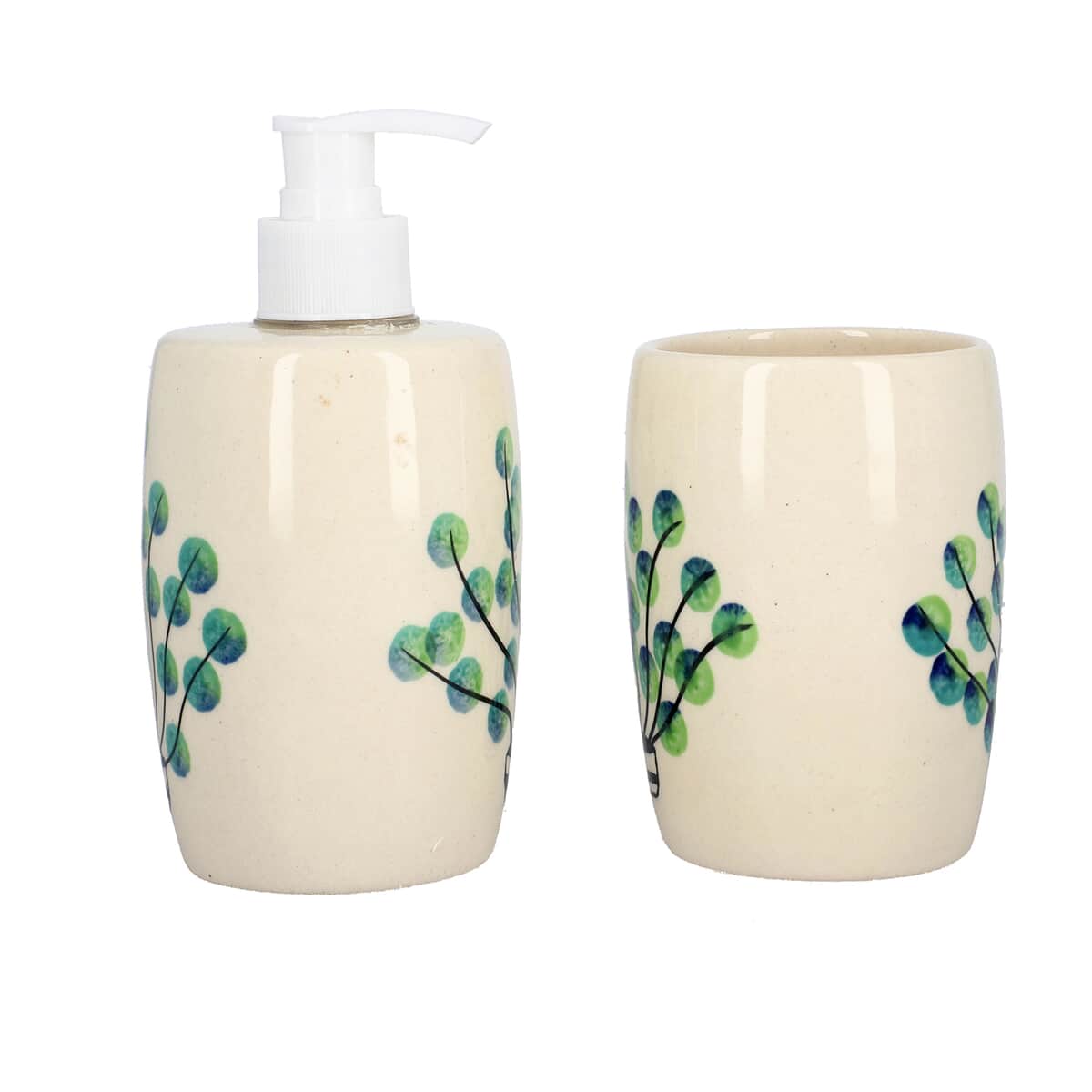 Set of 3 Ceramic Bathroom Accessory Liquid Soap Dispenser, Soap Tray & Tumbler - Green and White image number 6