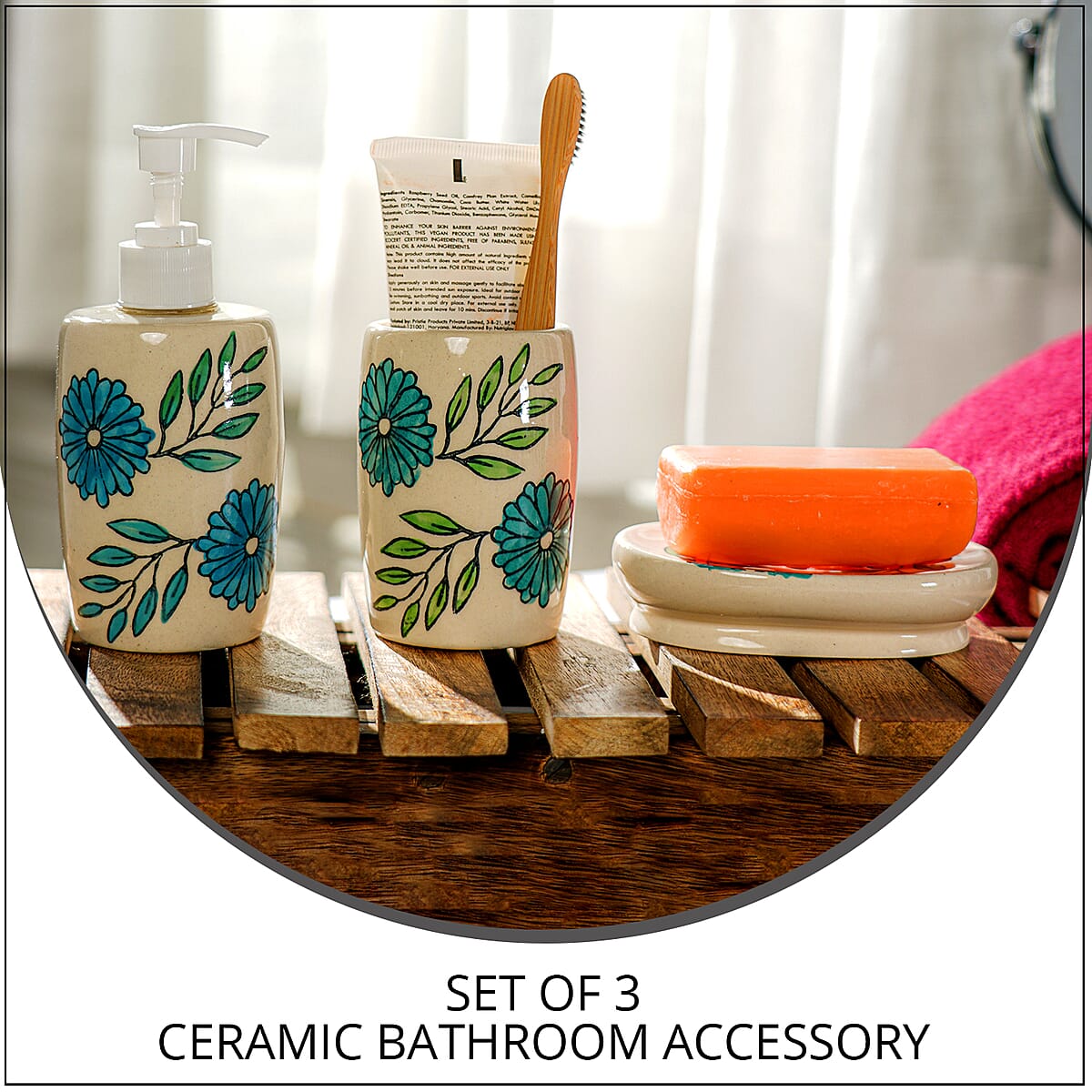 Set of 3 Ceramic Bathroom Accessory Liquid Soap Dispenser, Soap Tray & Tumbler - Teal Green and White image number 1