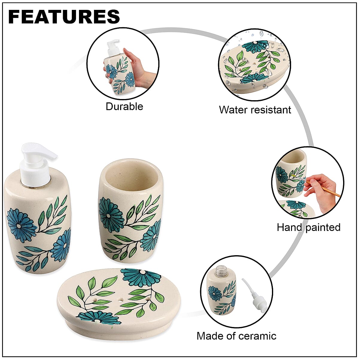 Set of 3 Ceramic Bathroom Accessory Liquid Soap Dispenser, Soap Tray & Tumbler - Teal Green and White image number 2