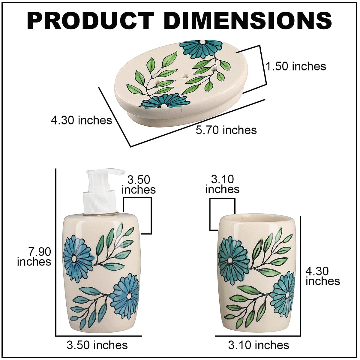 Set of 3 Ceramic Bathroom Accessory Liquid Soap Dispenser, Soap Tray & Tumbler - Teal Green and White image number 3