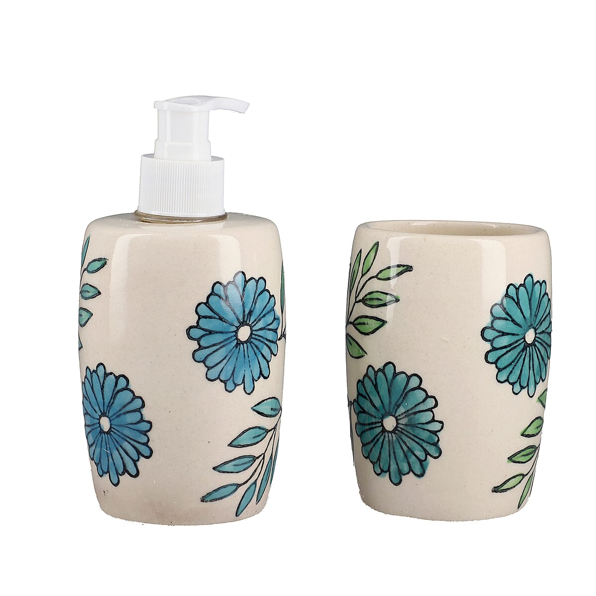 Set of 3 Ceramic Bathroom Accessory Liquid Soap Dispenser, Soap Tray & Tumbler - Teal Green and White image number 6