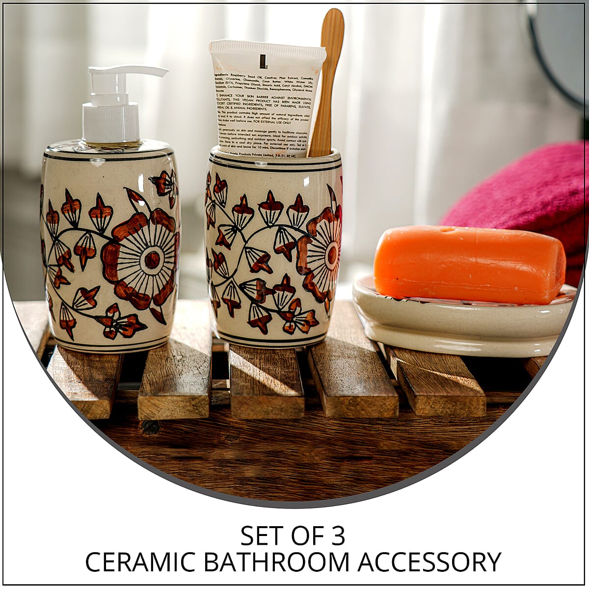 Set of 3 Ceramic Bathroom Accessory Liquid Soap Dispenser, Soap Tray & Tumbler - Brown and White image number 1