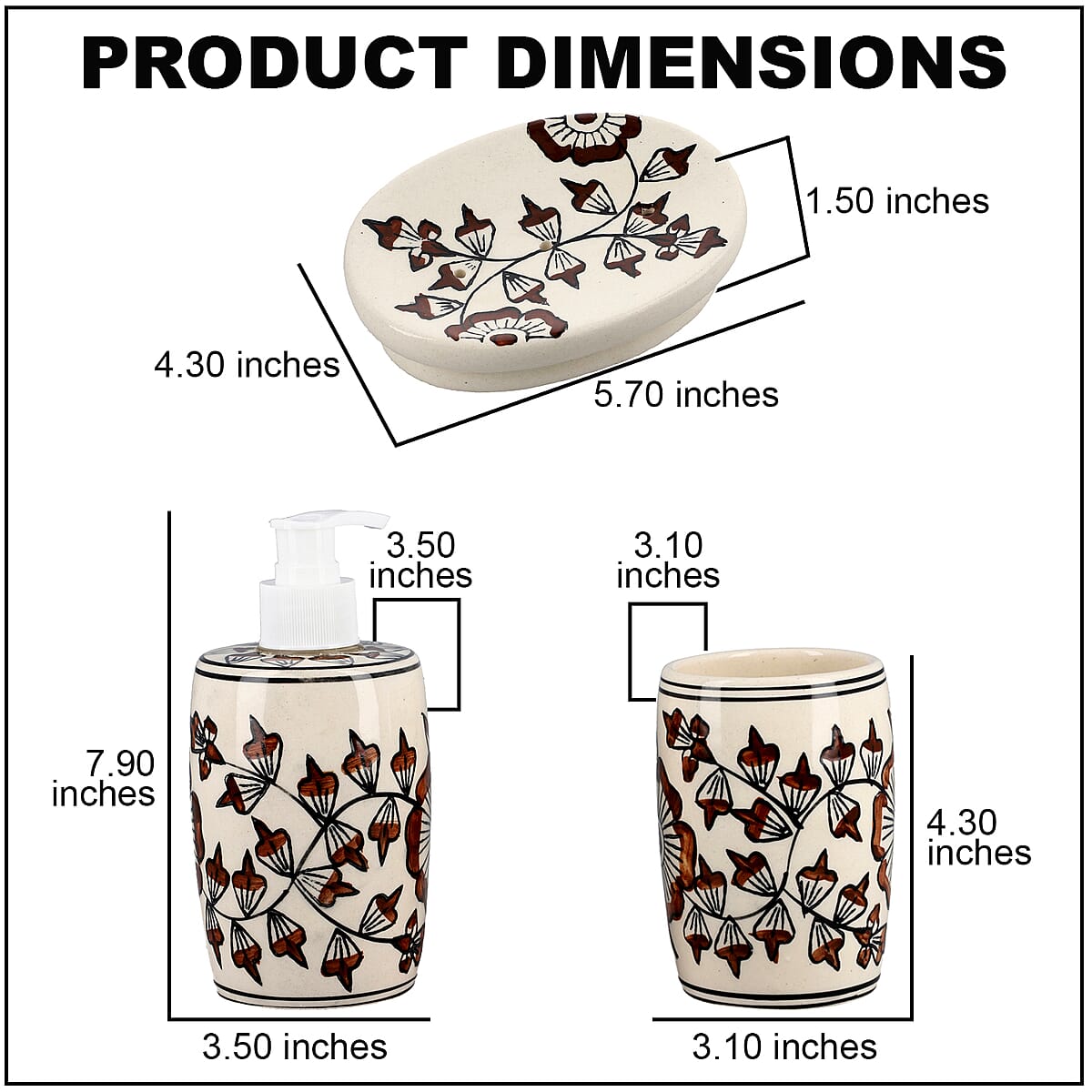 Set of 3 Ceramic Bathroom Accessory Liquid Soap Dispenser, Soap Tray & Tumbler - Brown and White image number 3