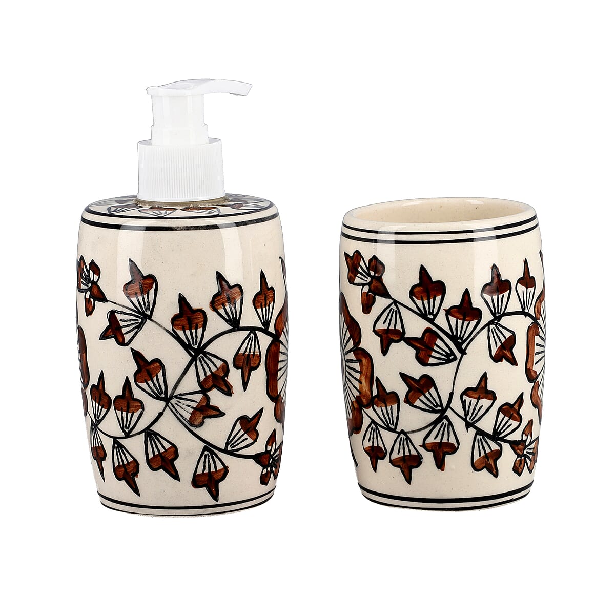 Set of 3 Ceramic Bathroom Accessory Liquid Soap Dispenser, Soap Tray & Tumbler - Brown and White image number 6