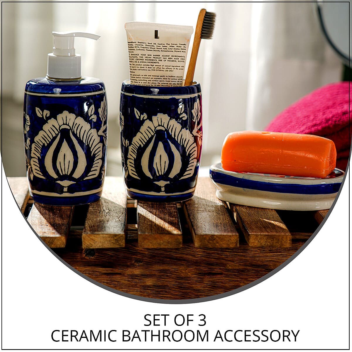 Set of 3 Ceramic Bathroom Accessory Liquid Soap Dispenser, Soap Tray & Tumbler - Navy and White image number 1