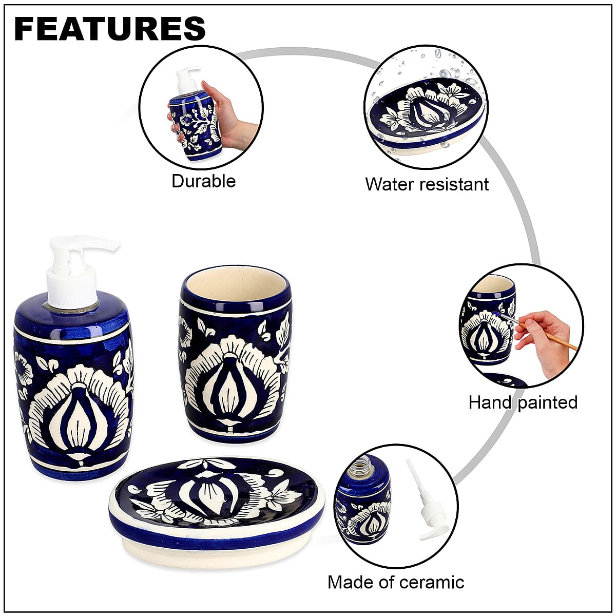 Set of 3 Ceramic Bathroom Accessory Liquid Soap Dispenser, Soap Tray & Tumbler - Navy and White image number 2