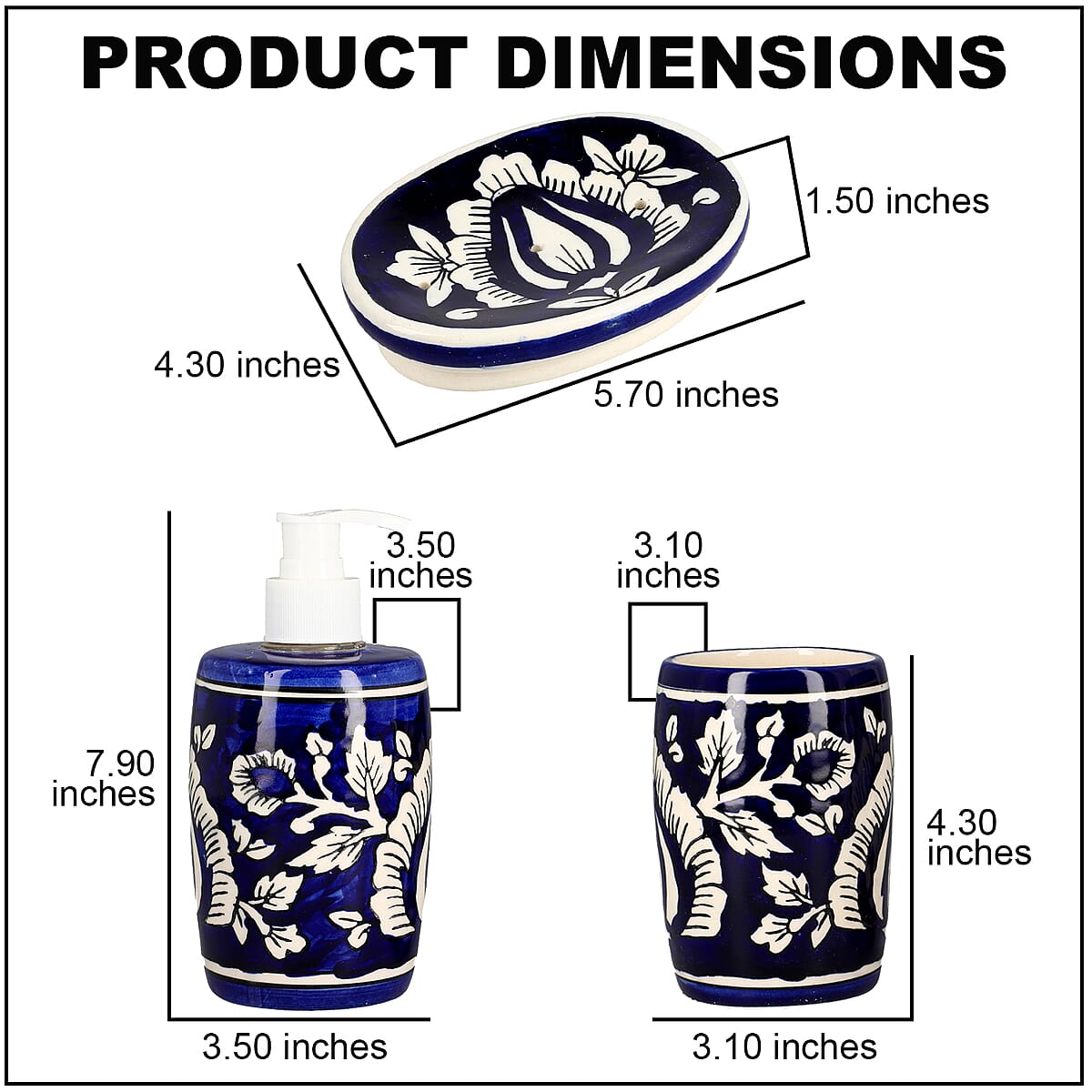 Set of 3 Ceramic Bathroom Accessory Liquid Soap Dispenser, Soap Tray & Tumbler - Navy and White image number 3