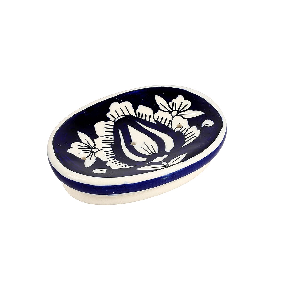 Set of 3 Ceramic Bathroom Accessory Liquid Soap Dispenser, Soap Tray & Tumbler - Navy and White image number 5