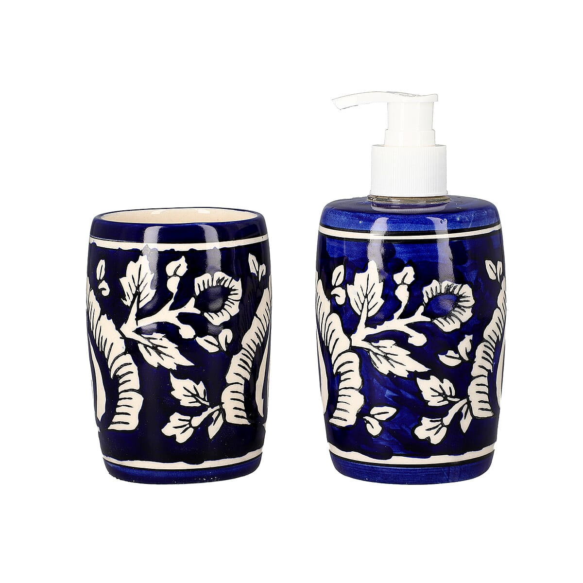 Set of 3 Ceramic Bathroom Accessory Liquid Soap Dispenser, Soap Tray & Tumbler - Navy and White image number 6