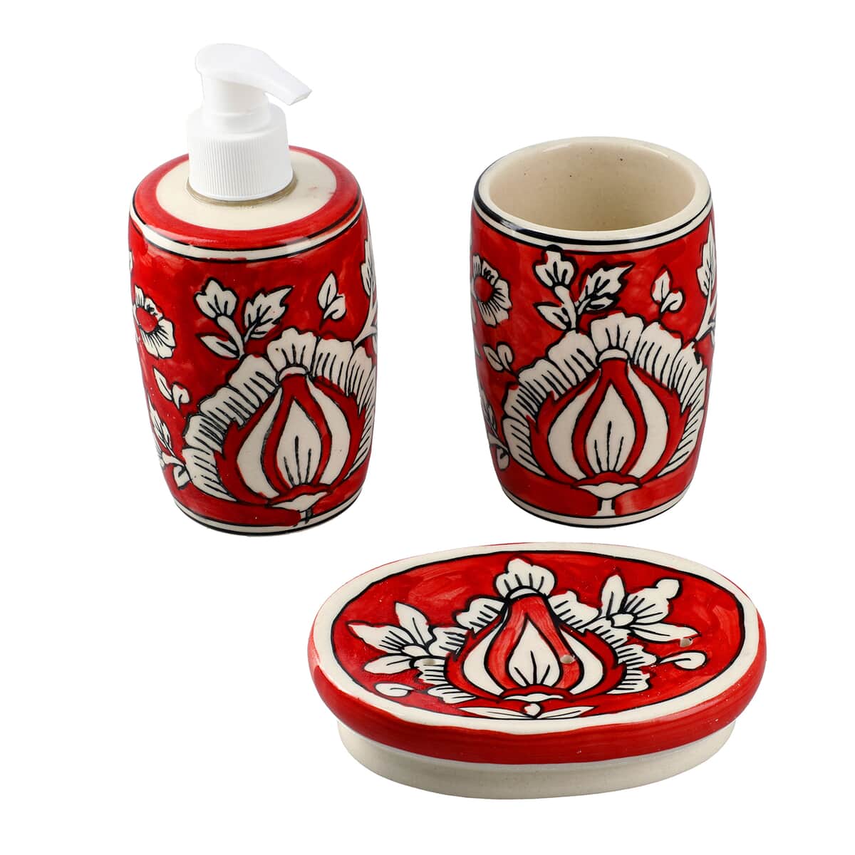 Set of 3 Ceramic Bathroom Accessory Liquid Soap Dispenser, Soap Tray & Tumbler - Red and White image number 0